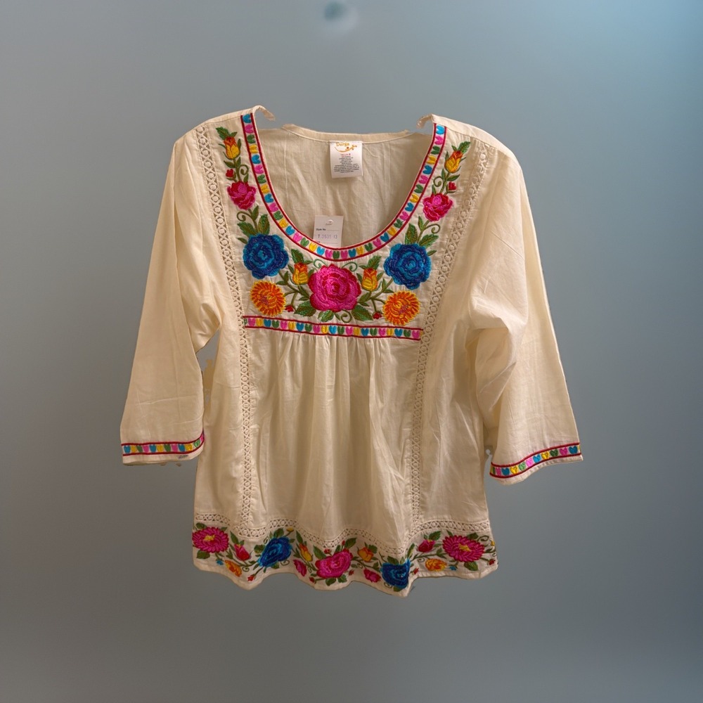 Durga Women's Top Heavily Embroidered Floral Shirt Vibrant Multicolor Med White
